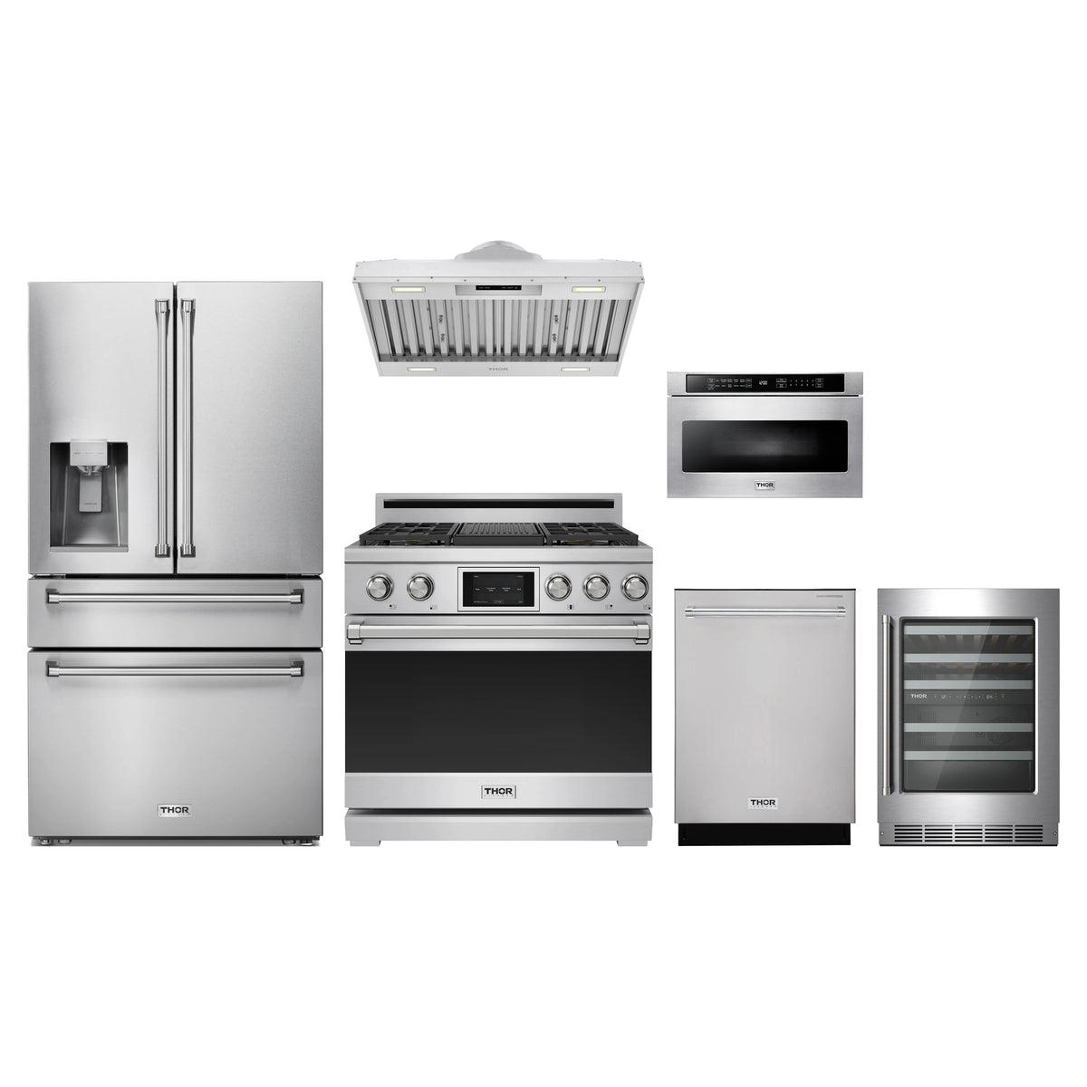 Thor Kitchen 6-Piece Appliance Package - 36-Inch Propane Dual Fuel Range, Refrigerator with Water Dispenser, Hood Insert, Dishwasher, Microwave Drawer, & Wine Cooler in Stainless Steel