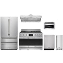 Stainless steel Thor Kitchen appliance package with 48-inch range, range hood, french door refrigerator, dishwasher, microwave drawer, ice maker