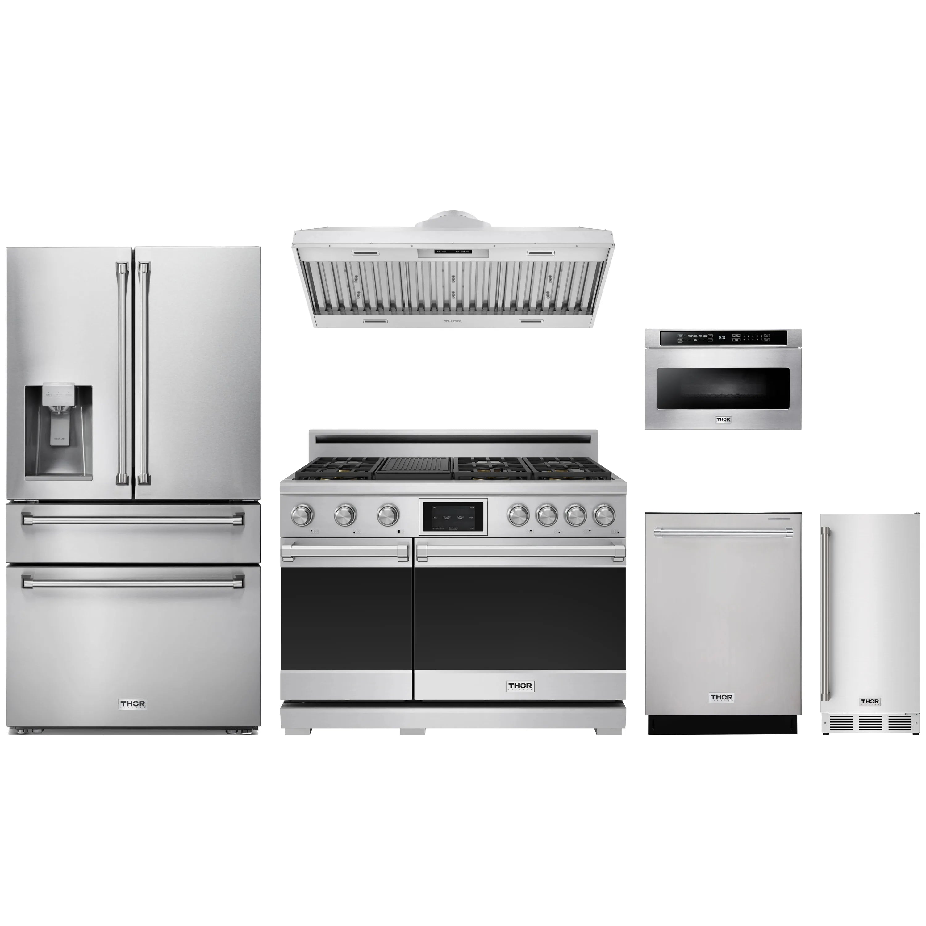 Stainless steel appliance package showing refrigerator, hood insert, range, and dishwasher