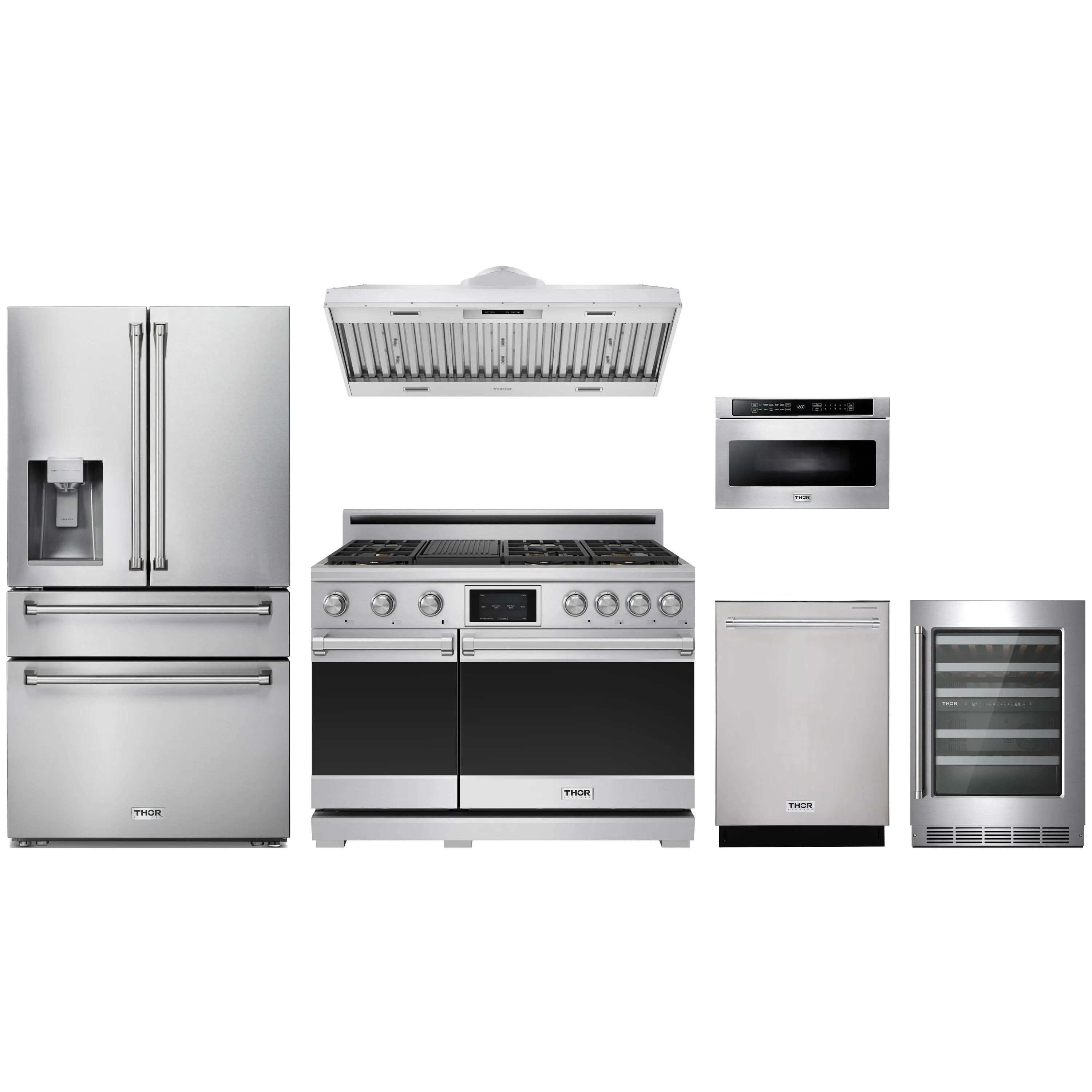 Stainless steel appliance package set with dual fuel range, refrigerator, hood, dishwasher, microwave, wine cooler