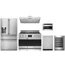 Stainless steel Thor Kitchen appliance package with 48-inch range, range hood, refrigerator with water dispenser, dishwasher, microwave drawer, wine cooler