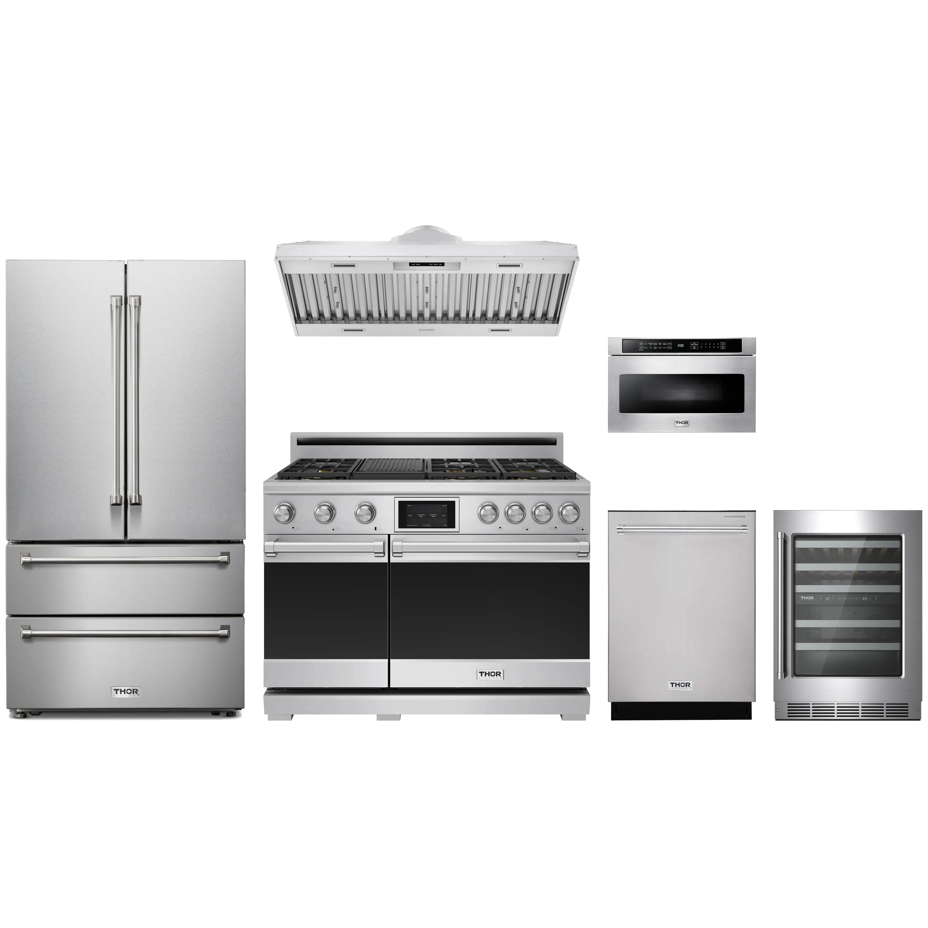 Stainless steel appliance package with range, French door refrigerator, dishwasher and more