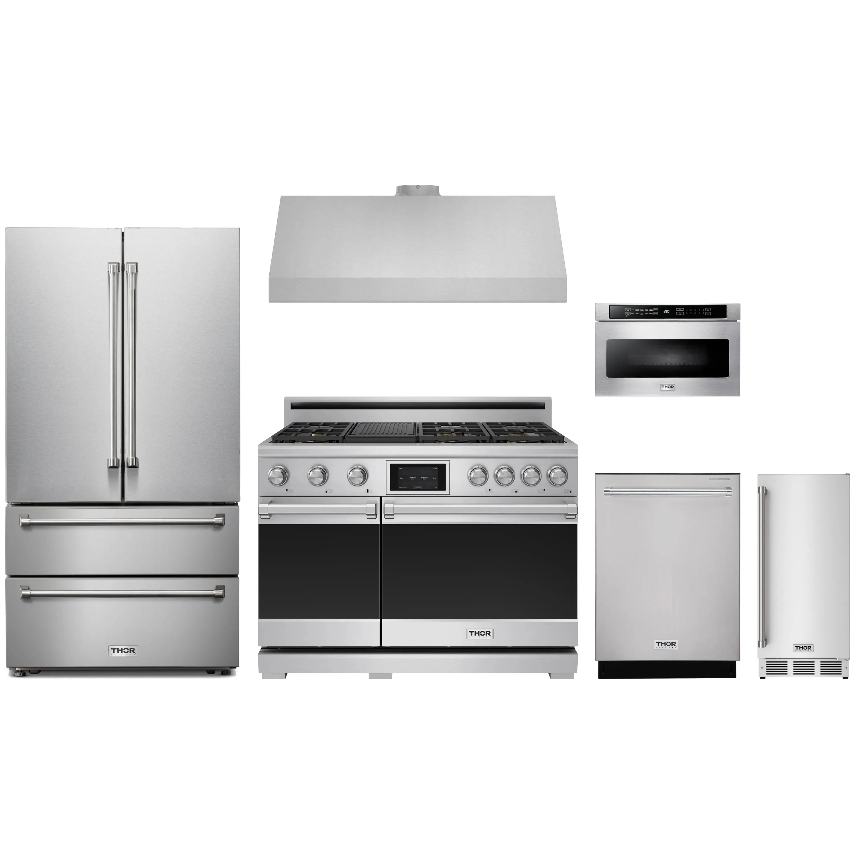 Stainless steel appliance package with dual fuel range, refrigerator, hood, and dishwasher
