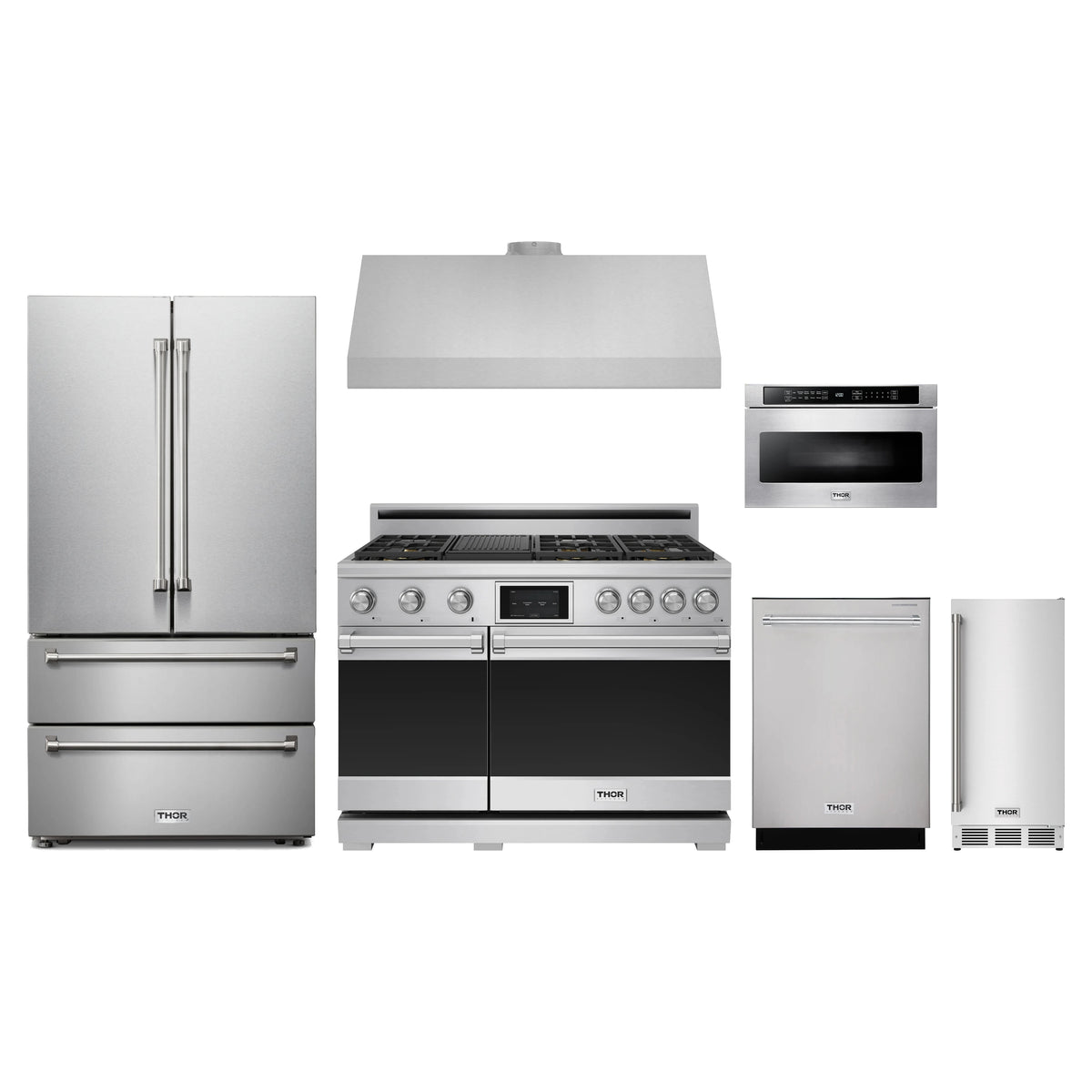 Thor Kitchen 6-Piece Appliance Package - 48-Inch Dual Fuel Range, French Door Refrigerator, Under Cabinet Hood, Dishwasher, Microwave Drawer, & Ice Maker in Stainless Steel