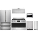 Stainless steel Thor Kitchen appliance package with 48-inch range, range hood, french door refrigerator, dishwasher, microwave drawer, ice maker