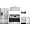 Stainless steel Thor Kitchen appliance package with 48-inch range, range hood, refrigerator with water dispenser, dishwasher, microwave drawer, ice maker