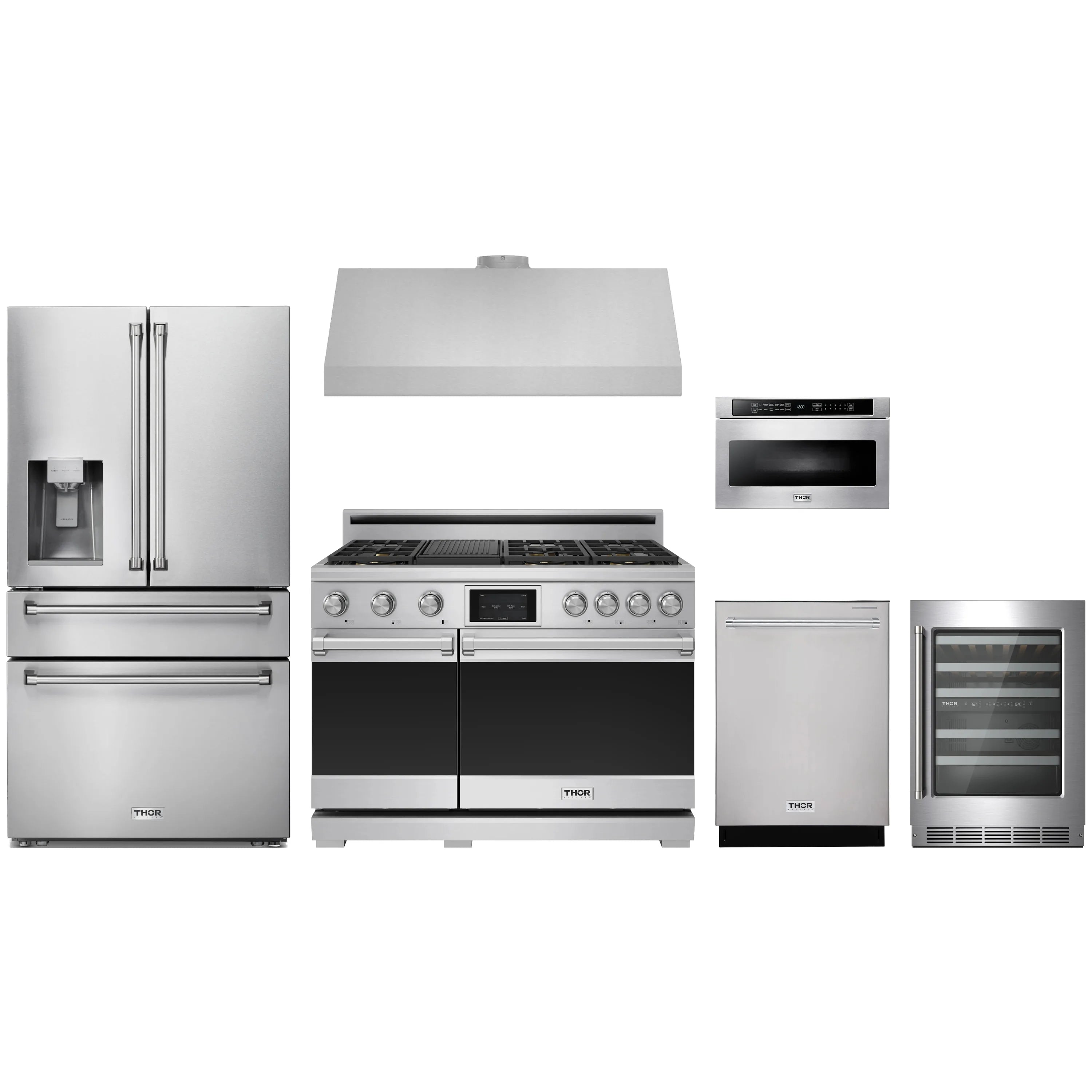 Stainless steel Thor Kitchen appliance package with range, refrigerator, hood, dishwasher, microwave