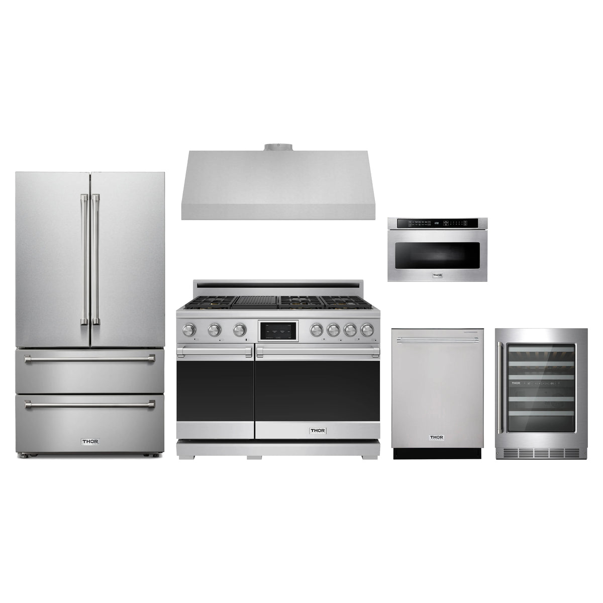 Thor Kitchen 6-Piece Appliance Package - 48-Inch Dual Fuel Range, French Door Refrigerator, Under Cabinet Hood, Dishwasher, Microwave Drawer, & Wine Cooler in Stainless Steel