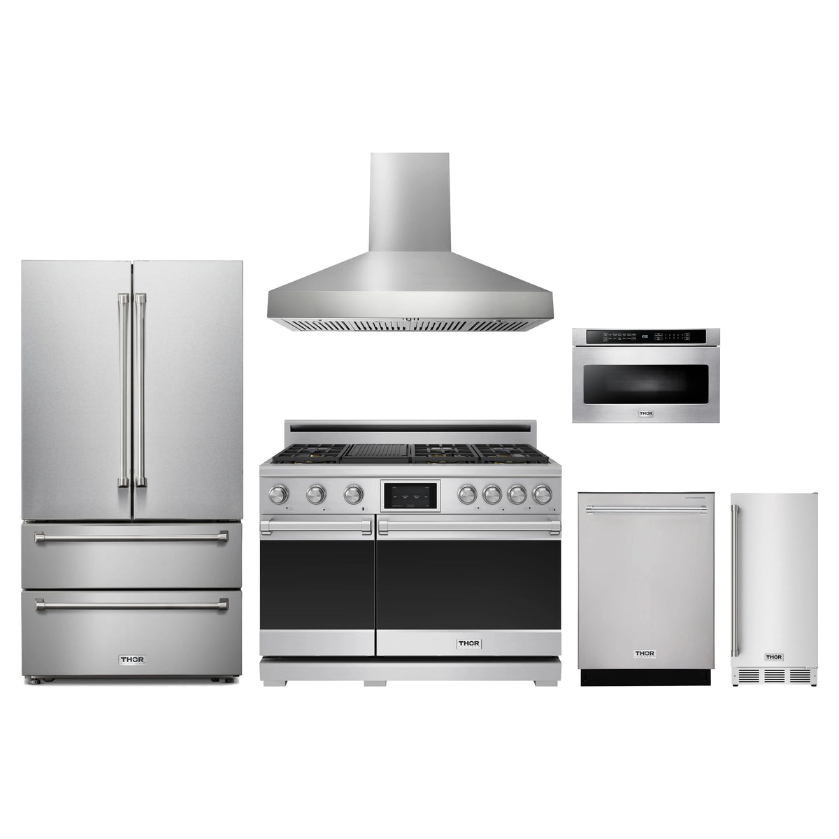 Thor Kitchen 6-Piece Appliance Package - 48-Inch Dual Fuel Range, French Door Refrigerator, Wall Mount Hood, Dishwasher, Microwave Drawer, & Ice Maker in Stainless Steel