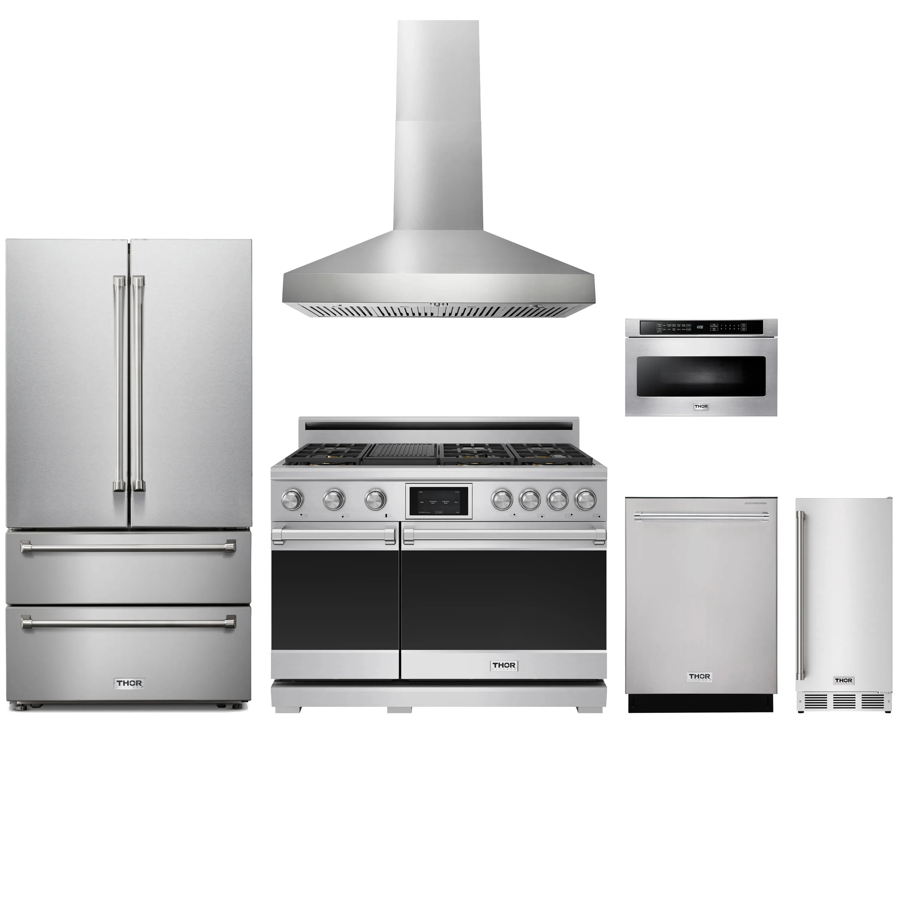 Stainless steel appliance package with refrigerator, range, hood, microwave drawer, dishwasher