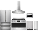 Stainless steel Thor Kitchen appliance package with 48-inch range, range hood, french door refrigerator, dishwasher, microwave drawer, ice maker