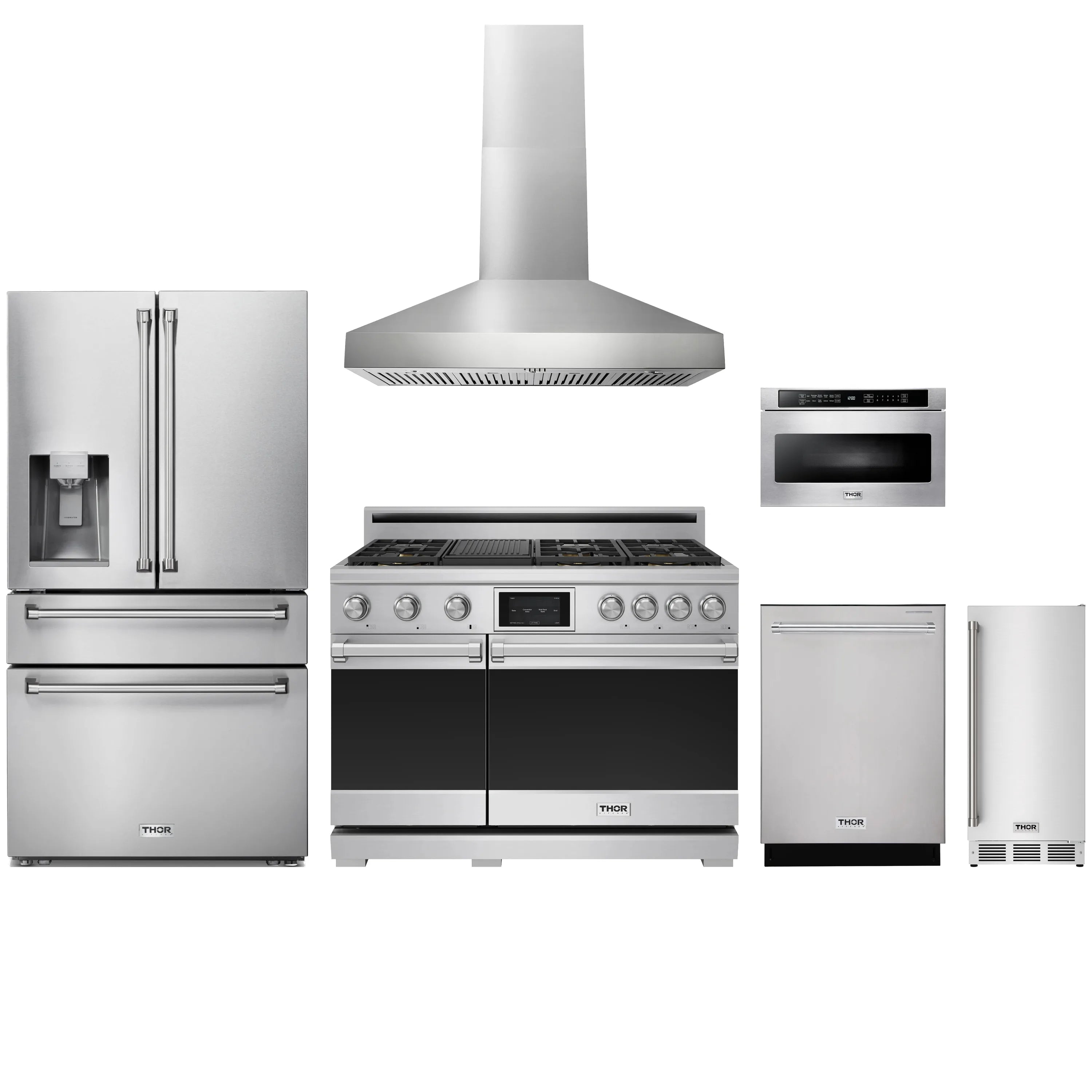 Stainless steel 6-piece appliance package: range, hood, refrigerator, dishwasher, microwave drawer