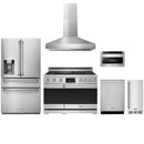 Stainless steel Thor Kitchen appliance package with 48-inch range, range hood, refrigerator with water dispenser, dishwasher, microwave drawer, ice maker