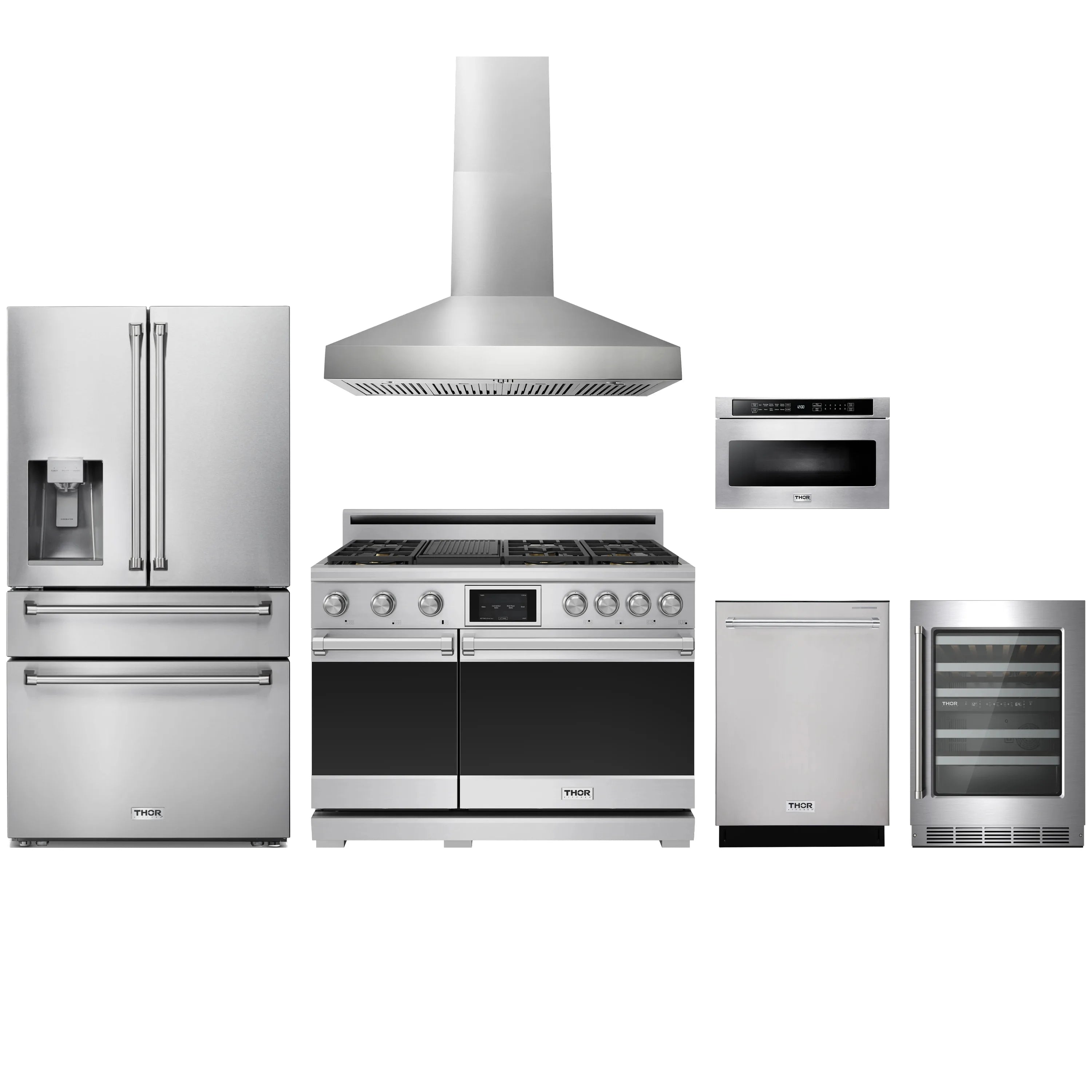 Stainless steel kitchen appliance package with range, hood, refrigerator, dishwasher, drawers
