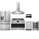 Stainless steel Thor Kitchen appliance package with 48-inch range, range hood, refrigerator with water dispenser, dishwasher, microwave drawer, wine cooler