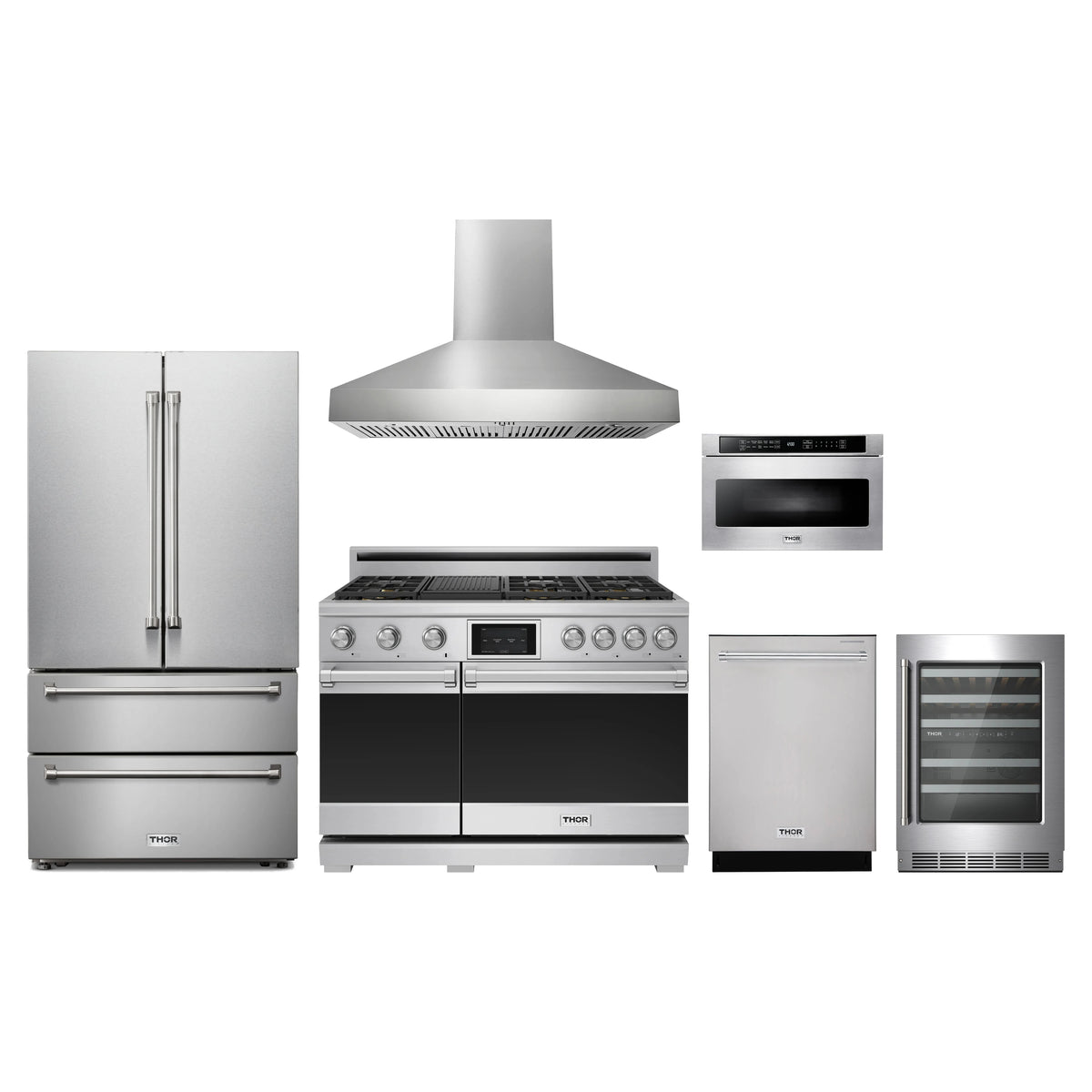 Thor Kitchen 6-Piece Appliance Package - 48-Inch Dual Fuel Range, French Door Refrigerator, Wall Mount Hood, Dishwasher, Microwave Drawer, & Wine Cooler in Stainless Steel