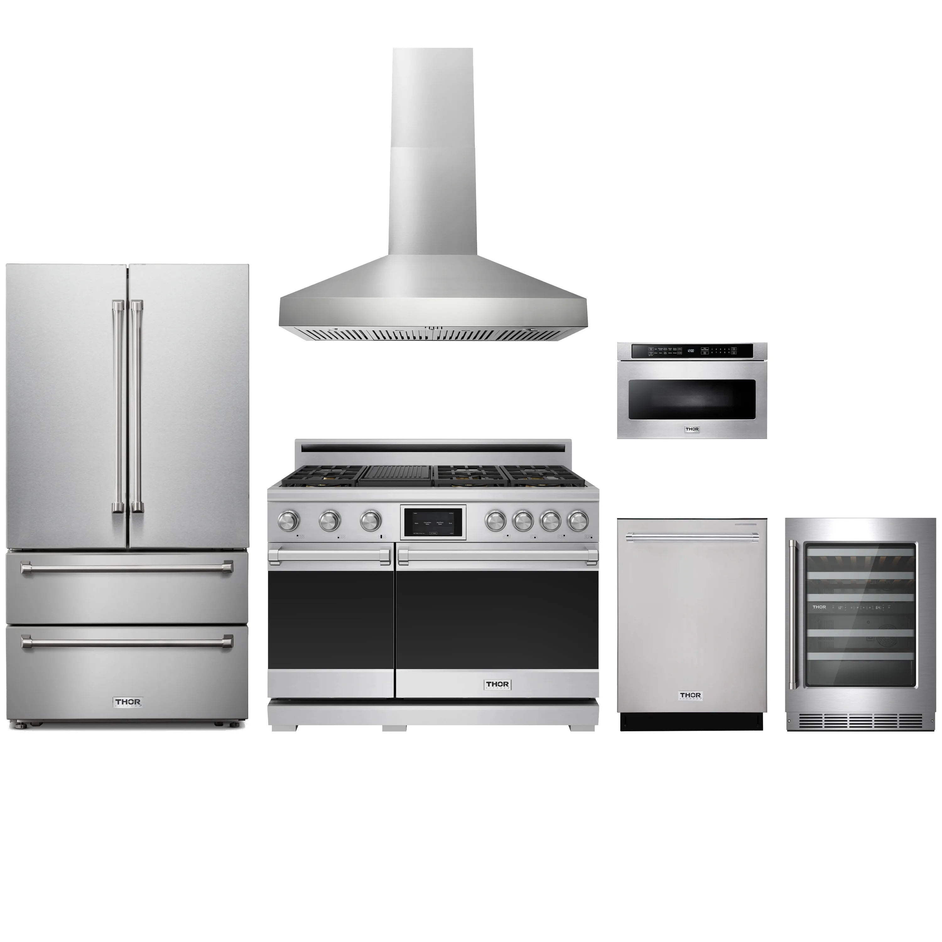 Stainless steel 6-piece appliance package with dual-fuel range, hood, refrigerator, and more