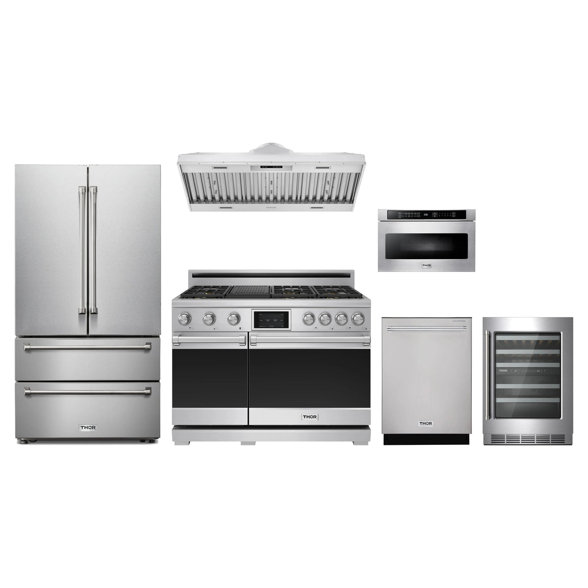 Thor Kitchen 6-Piece Appliance Package - 48-Inch Propane Dual Fuel Range, French Door Refrigerator, Hood Insert, Dishwasher, Microwave Drawer, & Wine Cooler in Stainless Steel