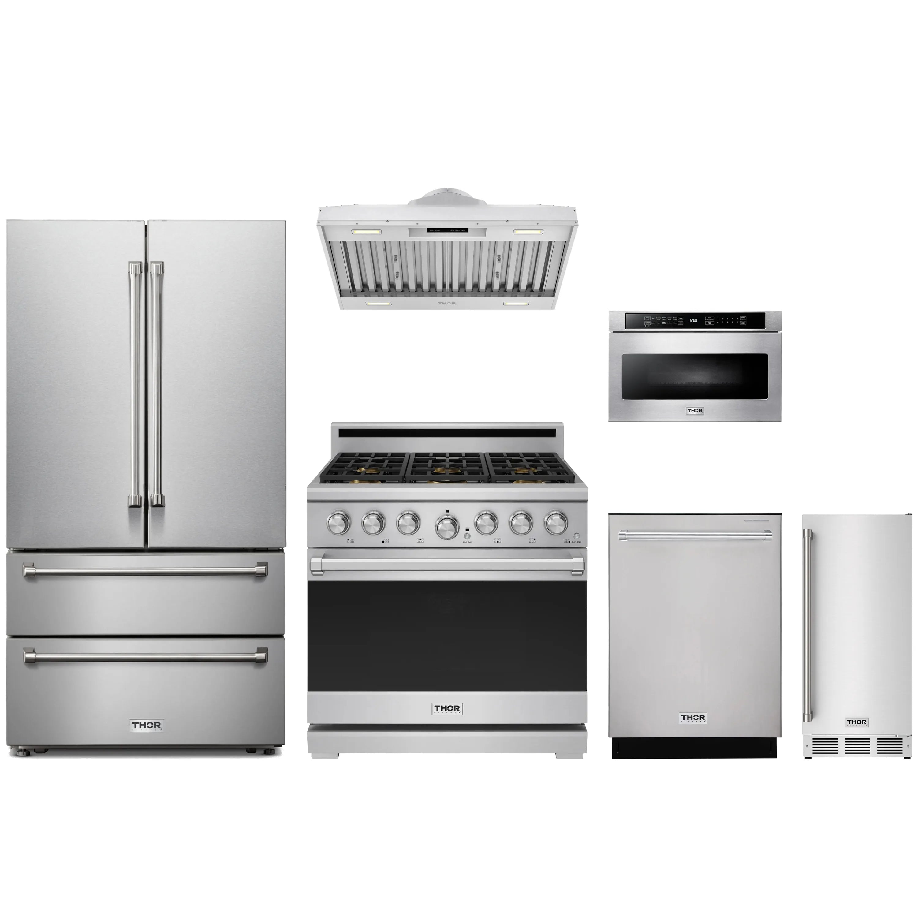 Stainless steel kitchen appliance package with refrigerator, gas range, and compact unit