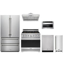 Stainless steel Thor Kitchen appliance package with 36-inch range, range hood, french door refrigerator, dishwasher, microwave drawer, ice maker