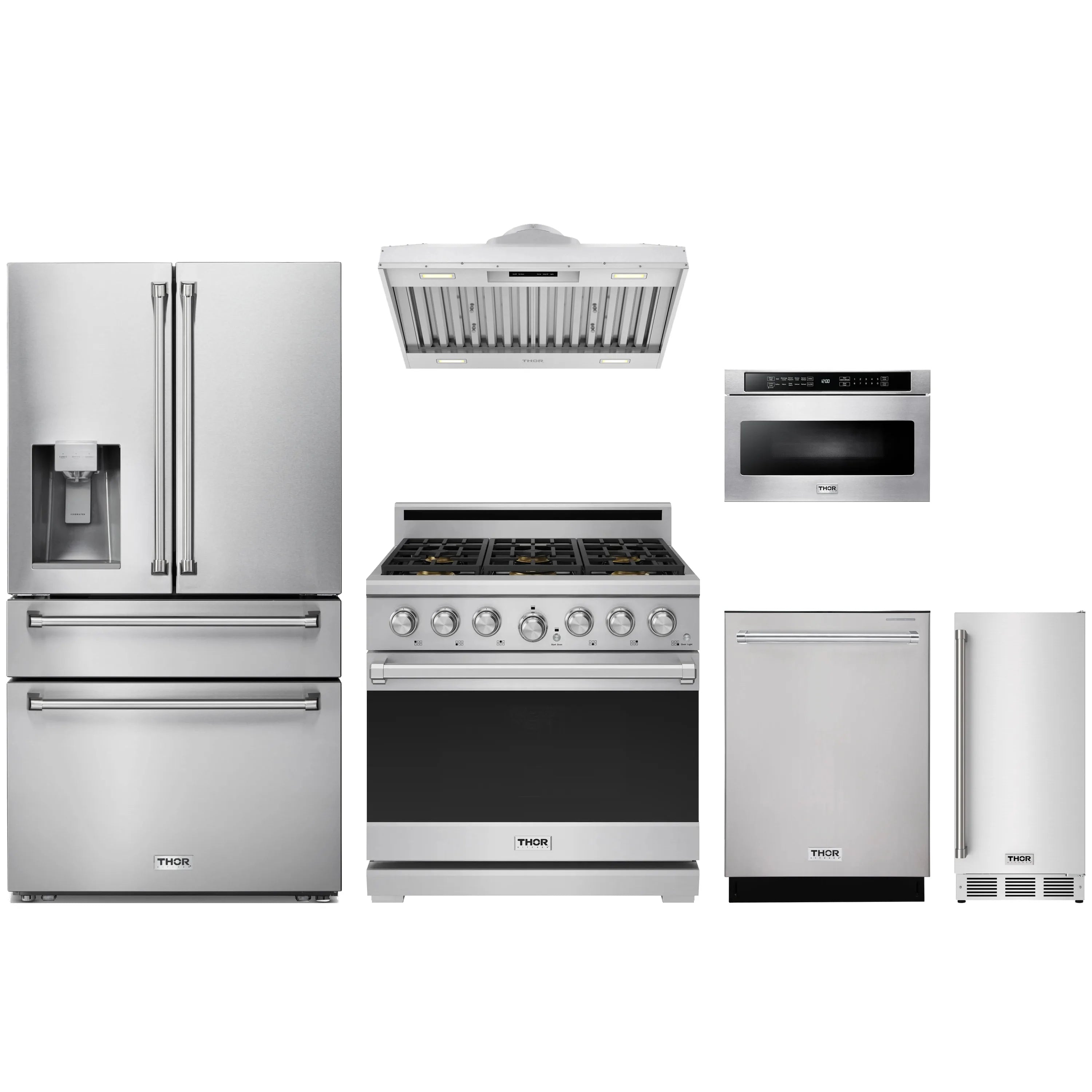 Stainless steel appliance package with range, refrigerator, hood, dishwasher, and microwave