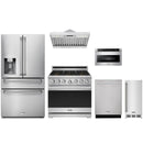 Stainless steel Thor Kitchen appliance package with 36-inch range, range hood, refrigerator with water dispenser, dishwasher, microwave drawer, ice maker