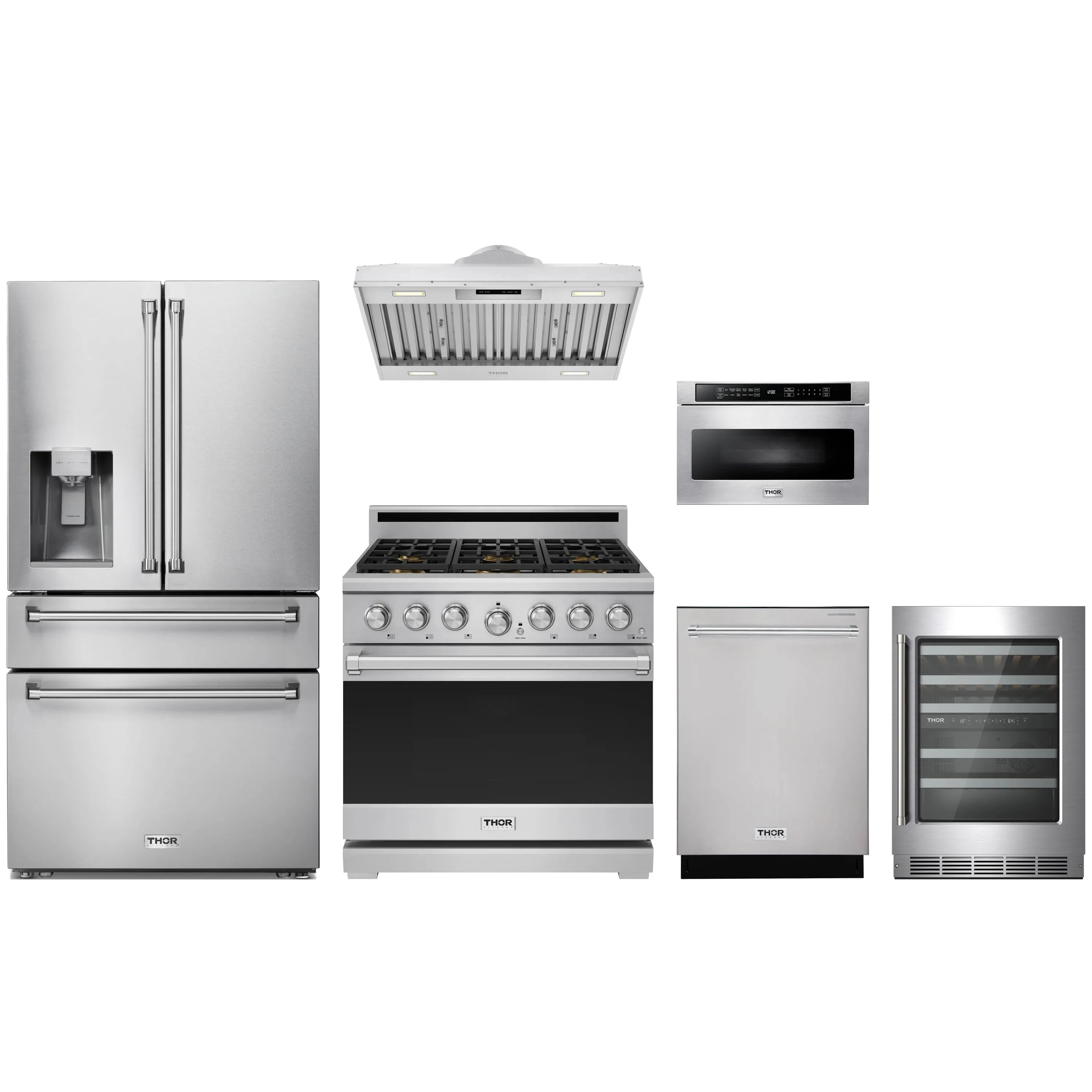 Stainless steel kitchen appliance package with refrigerator, range, dishwasher, microwave, hood insert