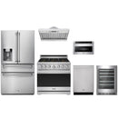 Stainless steel Thor Kitchen appliance package with 36-inch range, range hood, refrigerator with water dispenser, dishwasher, microwave drawer, wine cooler
