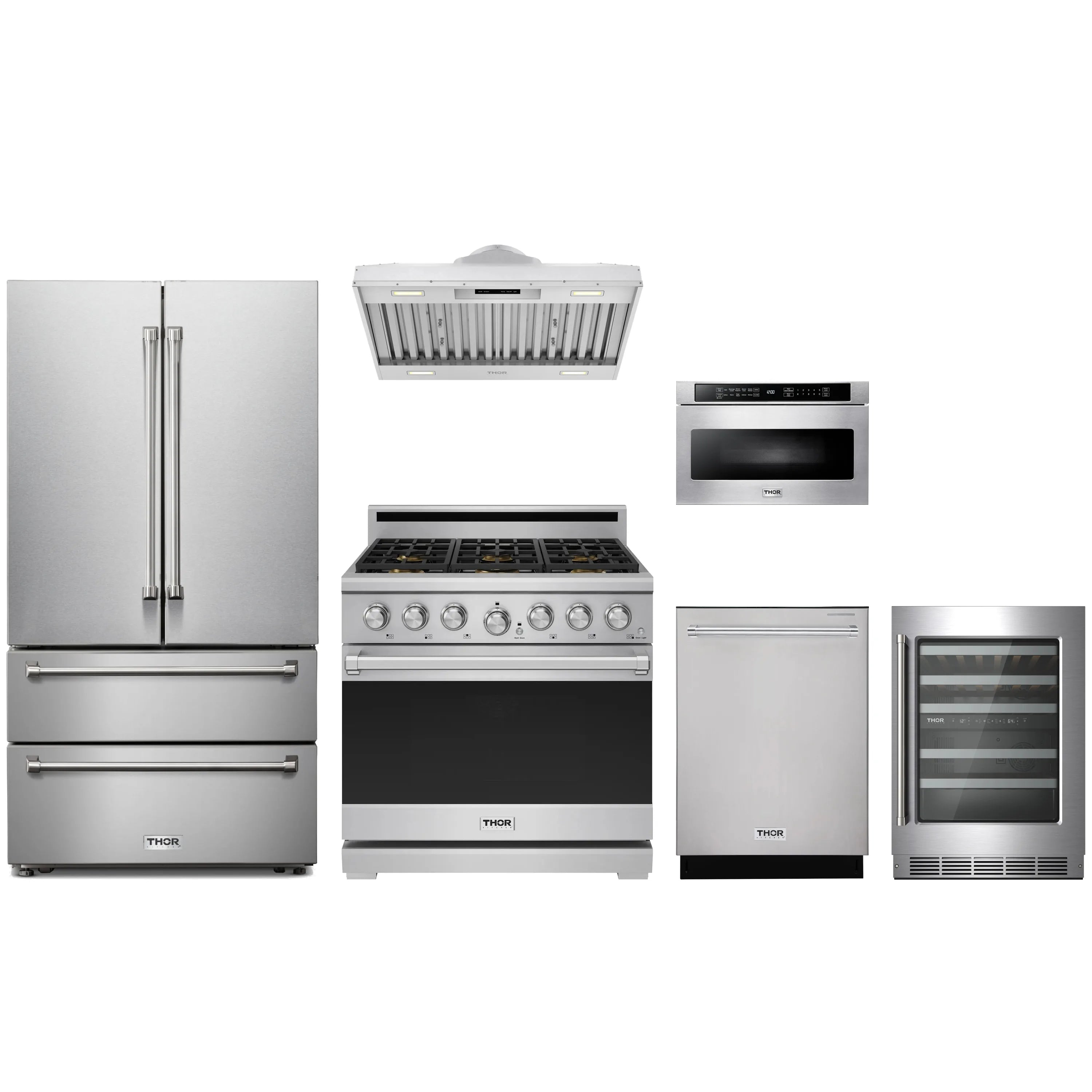 Stainless steel gas range with black oven door window and front control knobs