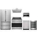 Stainless steel Thor Kitchen appliance package with 36-inch range, range hood, french door refrigerator, dishwasher, microwave drawer, wine cooler