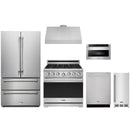 Stainless steel Thor Kitchen appliance package with 36-inch range, range hood, french door refrigerator, dishwasher, microwave drawer, ice maker