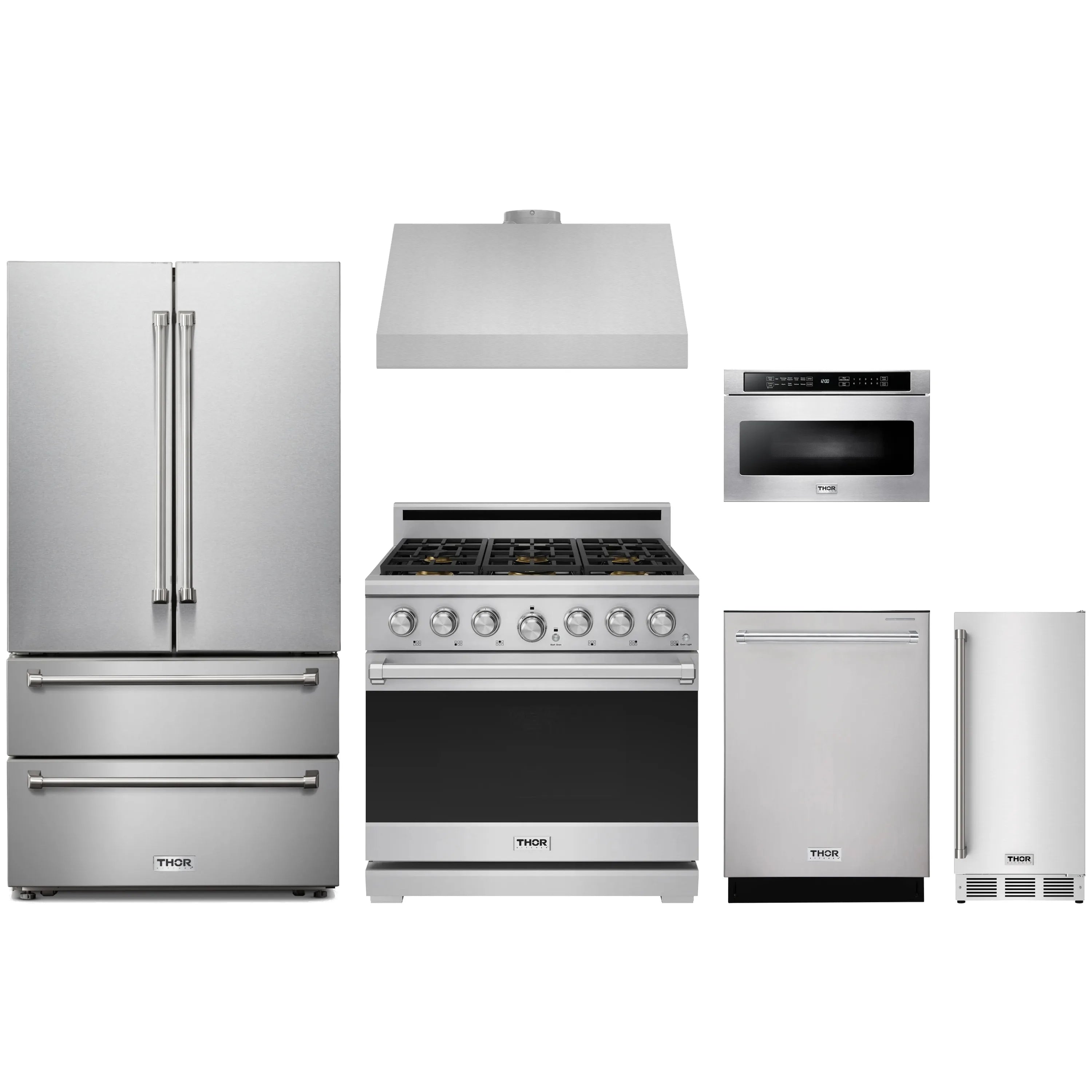 Stainless steel appliance package with refrigerator, gas range, dishwasher, and microwave drawer