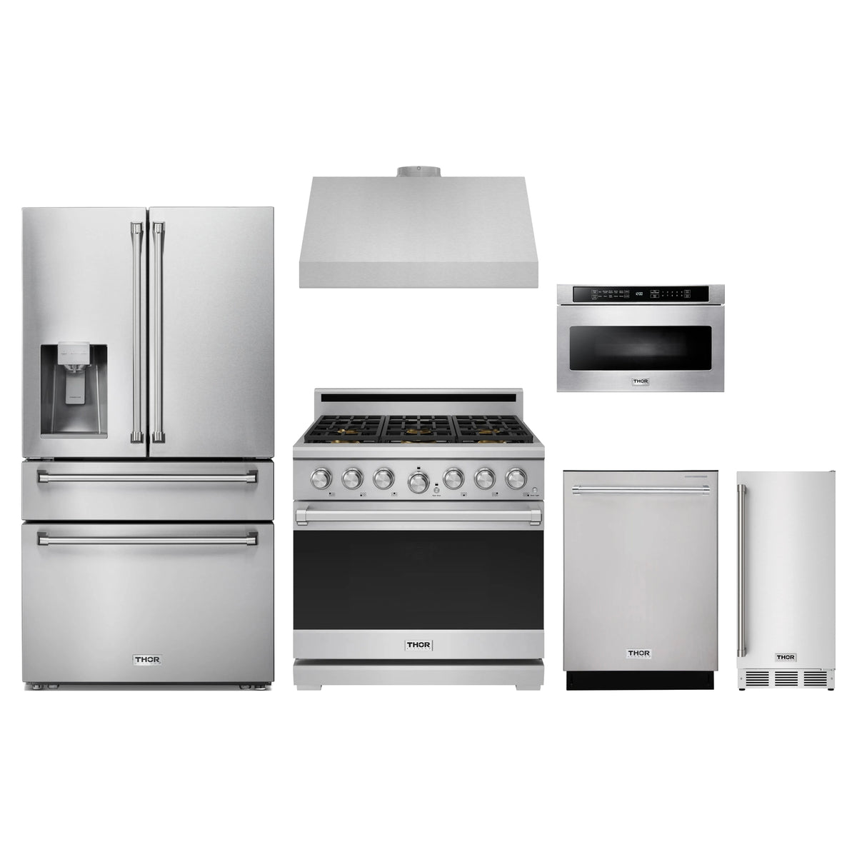 Thor Kitchen 6-Piece Appliance Package - 36-Inch Natural Gas Range, Refrigerator with Water Dispenser, Under Cabinet Hood, Dishwasher, Microwave Drawer, & Ice Maker in Stainless Steel