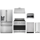 Stainless steel Thor Kitchen appliance package with 36-inch range, range hood, refrigerator with water dispenser, dishwasher, microwave drawer, ice maker