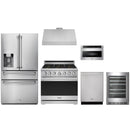 Stainless steel Thor Kitchen appliance package with 36-inch range, range hood, refrigerator with water dispenser, dishwasher, microwave drawer, wine cooler