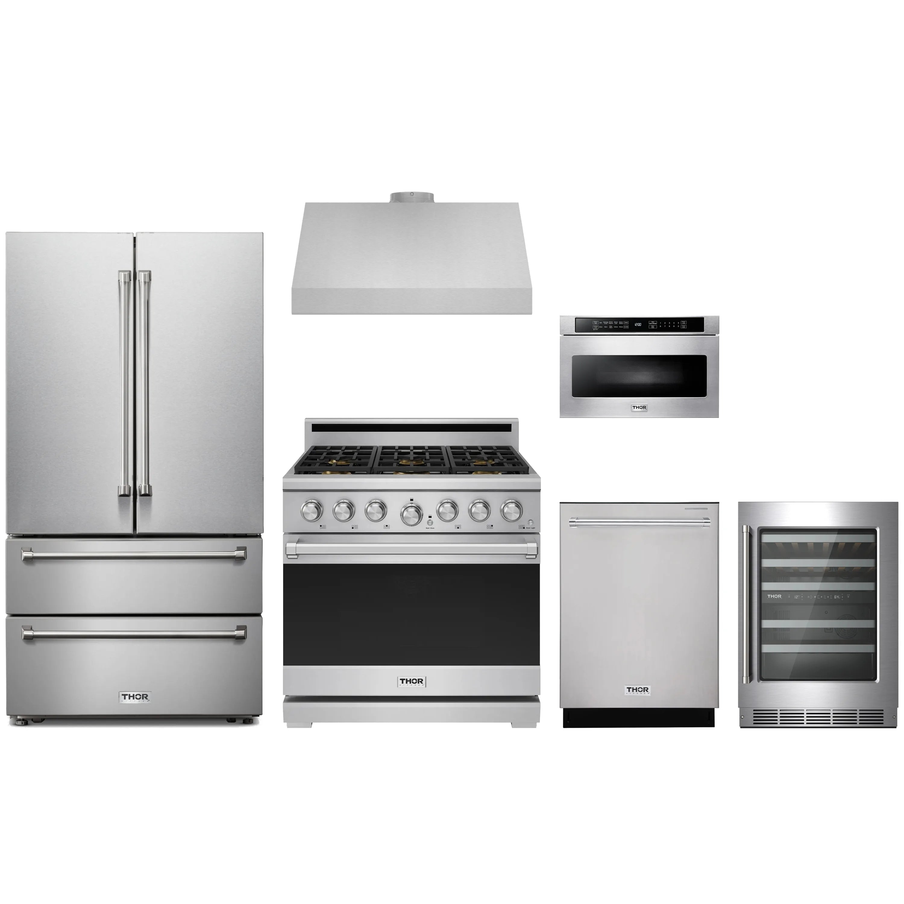 Stainless steel 6-piece appliance package with refrigerator, gas range, hood, dishwasher, microwave drawer, wine cooler