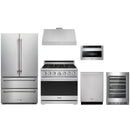 Stainless steel Thor Kitchen appliance package with 36-inch range, range hood, french door refrigerator, dishwasher, microwave drawer, wine cooler