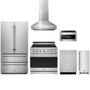 Stainless steel Thor Kitchen appliance package with 36-inch range, range hood, french door refrigerator, dishwasher, microwave drawer, ice maker