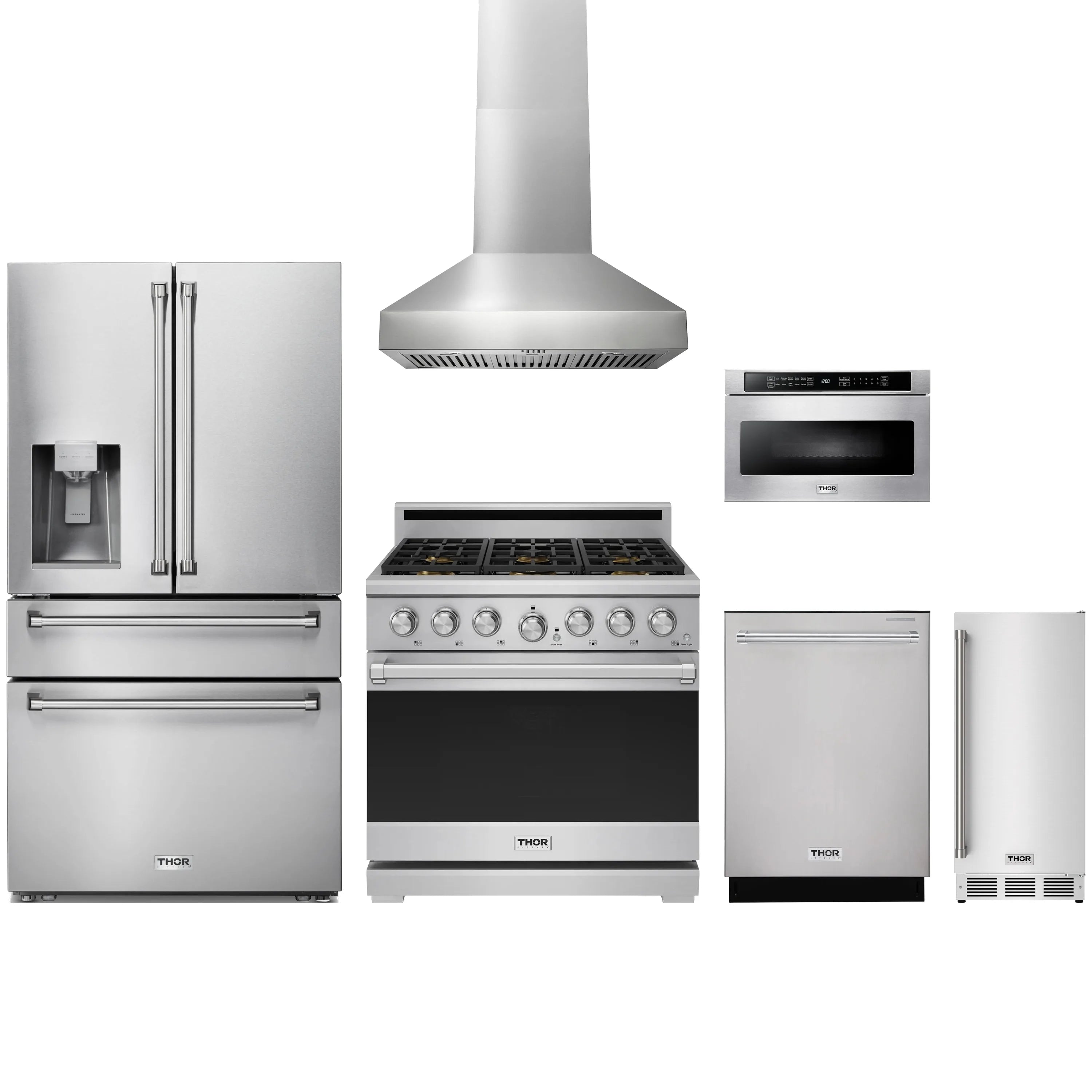 Stainless steel 36-inch gas range with wall hood, microwave drawer, and dishwasher