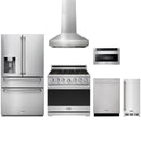 Stainless steel Thor Kitchen appliance package with 36-inch range, range hood, refrigerator with water dispenser, dishwasher, microwave drawer, ice maker