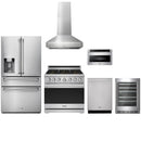 Stainless steel Thor Kitchen appliance package with 36-inch range, range hood, refrigerator with water dispenser, dishwasher, microwave drawer, wine cooler