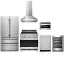 Stainless steel Thor Kitchen appliance package with 36-inch range, range hood, french door refrigerator, dishwasher, microwave drawer, wine cooler
