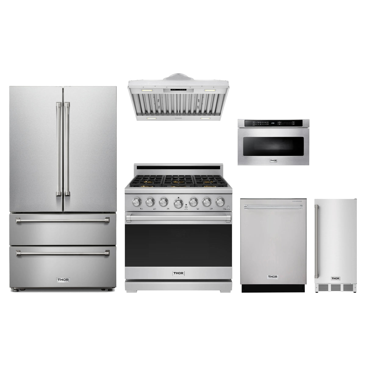 Thor Kitchen 6-Piece Appliance Package - 36-Inch Propane Gas Range, French Door Refrigerator, Hood Insert, Dishwasher, Microwave Drawer, & Ice Maker in Stainless Steel