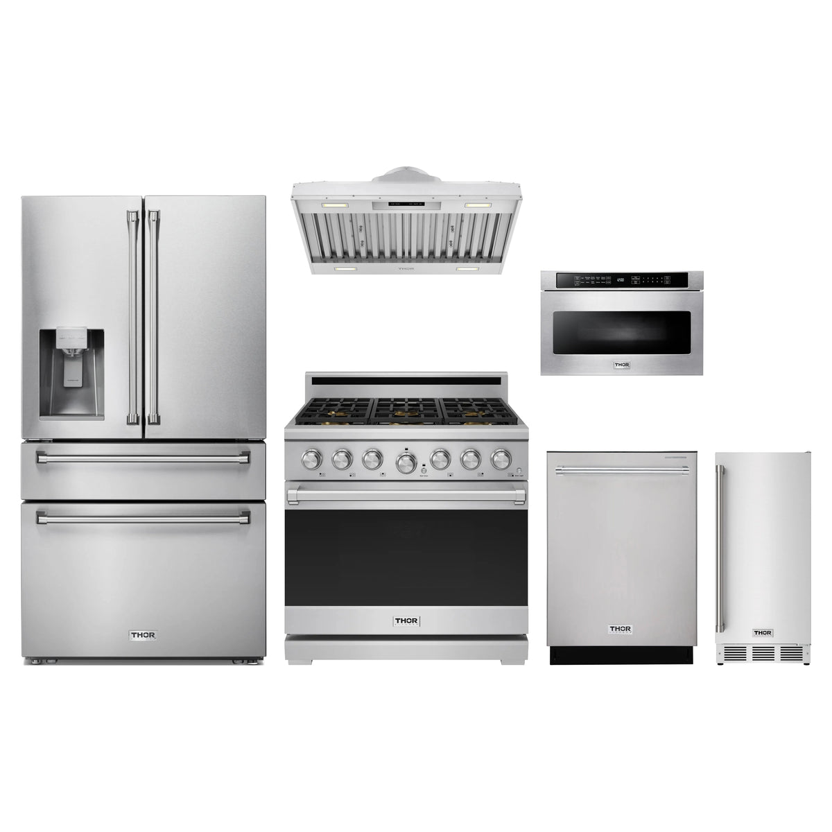 Thor Kitchen 6-Piece Appliance Package - 36-Inch Propane Gas Range, Refrigerator with Water Dispenser, Hood Insert, Dishwasher, Microwave Drawer, & Ice Maker in Stainless Steel