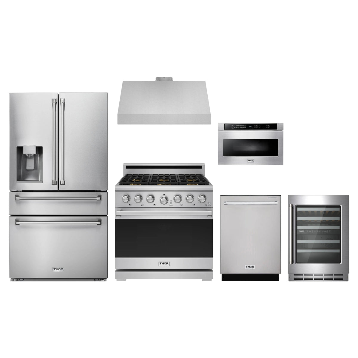 Thor Kitchen 6-Piece Appliance Package - 36-Inch Propane Gas Range, Refrigerator with Water Dispenser, Under Cabinet Hood, Dishwasher, Microwave Drawer, & Wine Cooler in Stainless Steel