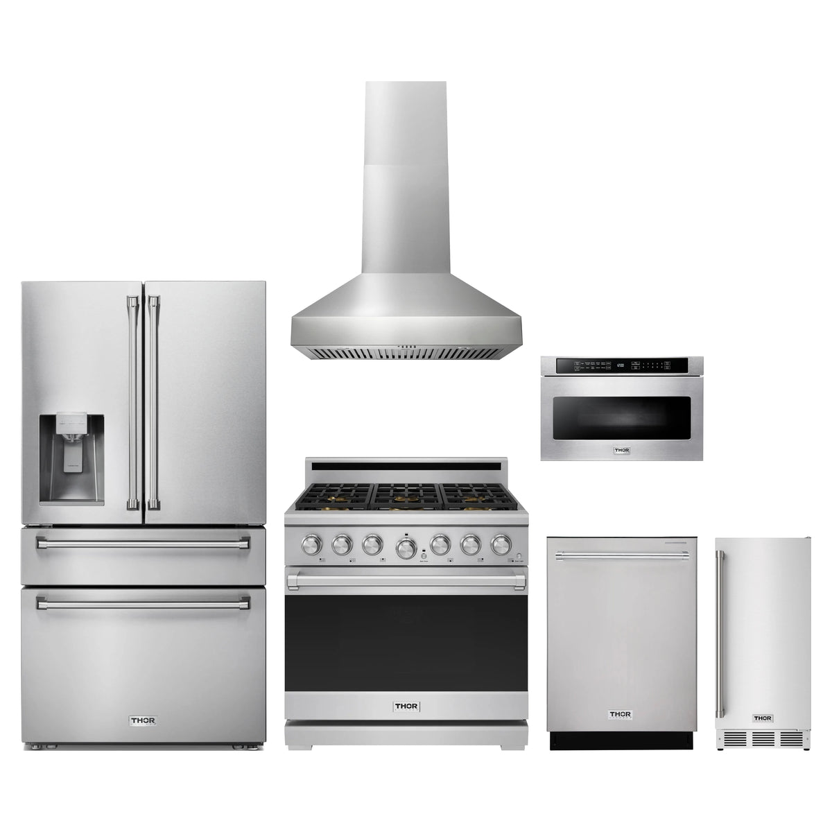 Thor Kitchen 6-Piece Appliance Package - 36-Inch Propane Gas Range, Refrigerator with Water Dispenser, Wall Mount Hood, Dishwasher, Microwave Drawer, & Ice Maker in Stainless Steel