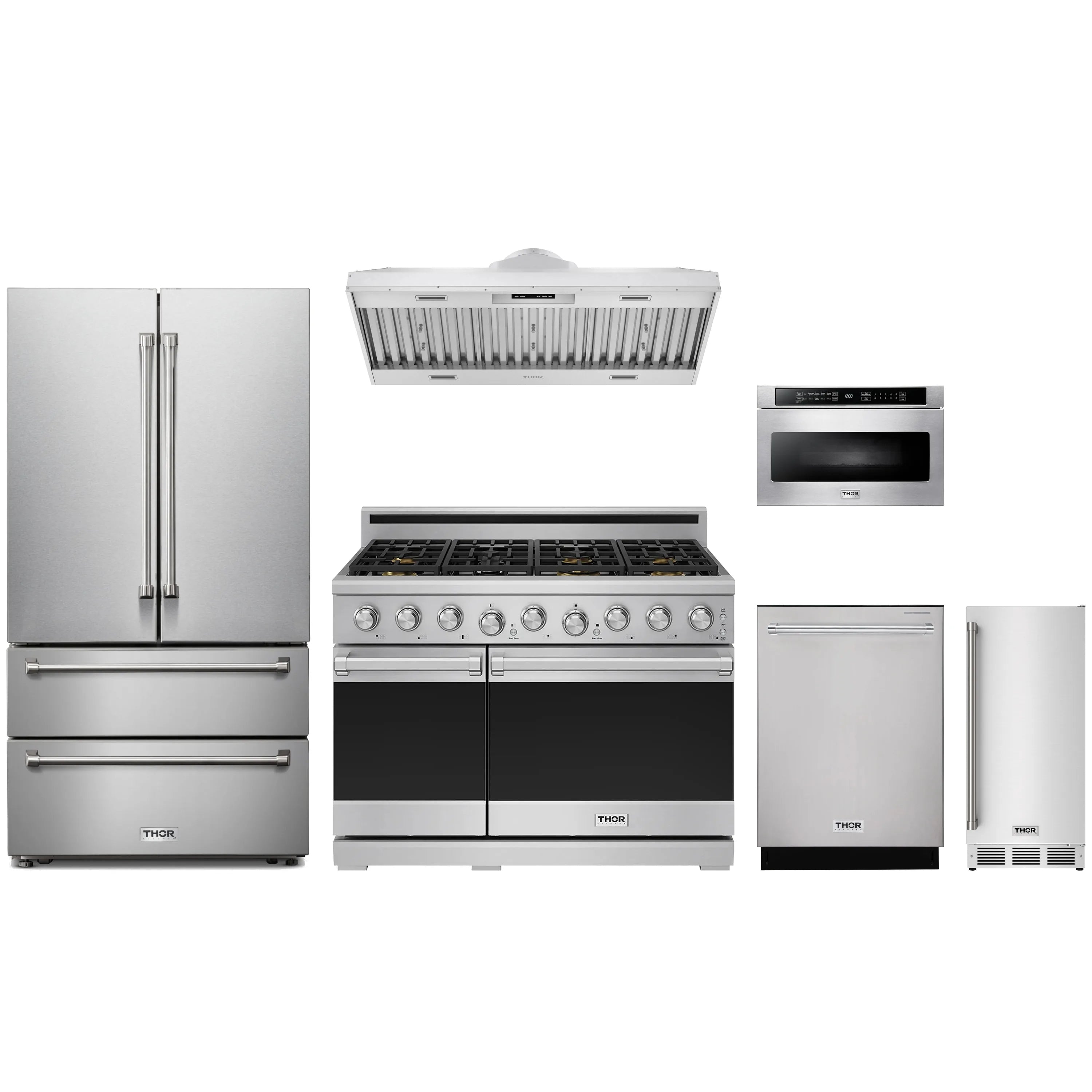 Stainless steel appliance package with French door refrigerator and gas range side by side