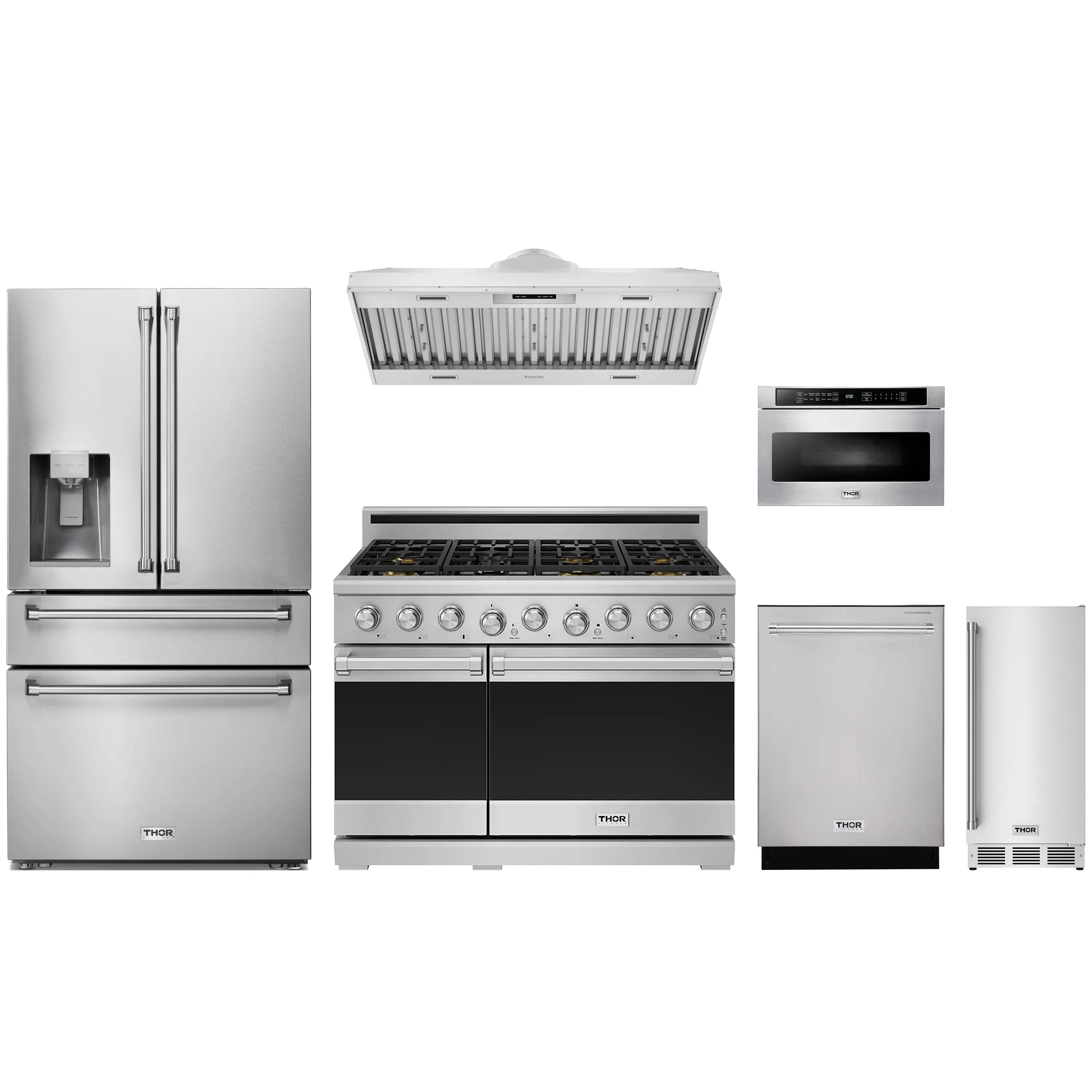 Stainless steel appliance set with refrigerator, range, hood, dishwasher, microwave drawer, ice maker