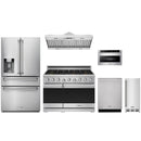 Stainless steel Thor Kitchen appliance package with 48-inch range, range hood, refrigerator with water dispenser, dishwasher, microwave drawer, ice maker
