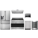 Stainless steel Thor Kitchen appliance package with 48-inch range, range hood, refrigerator with water dispenser, dishwasher, microwave drawer, wine cooler